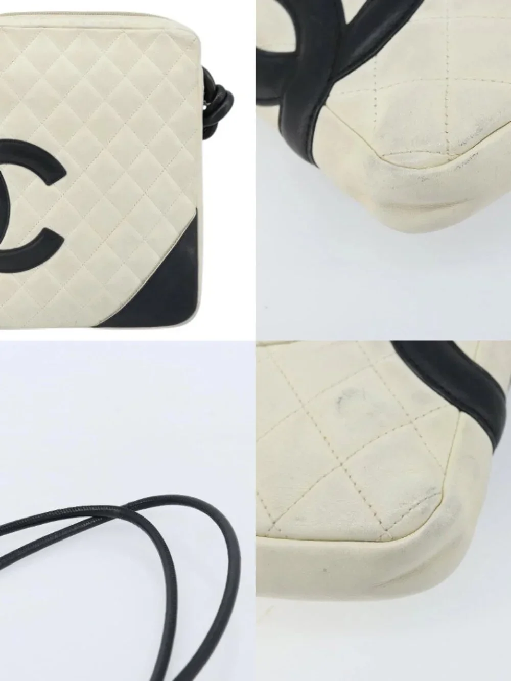 CHANEL Cambon Line Shoulder Bag Lamb Skin White Black CC Auth 172750